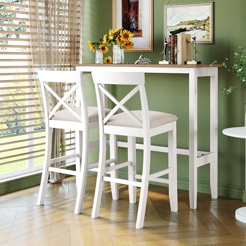 3 Piece Counter Height Dining Table Bar Table Set with 2 Chairs, Small Kitchen Table Breakfast Nook for 2, Good for Bar or Small Space, Brown White - color: Brown White