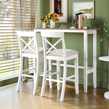 3 Piece Counter Height Dining Table Bar Table Set with 2 Chairs, Small Kitchen Table Breakfast Nook for 2, Good for Bar or Small Space, Brown White - color: Brown White