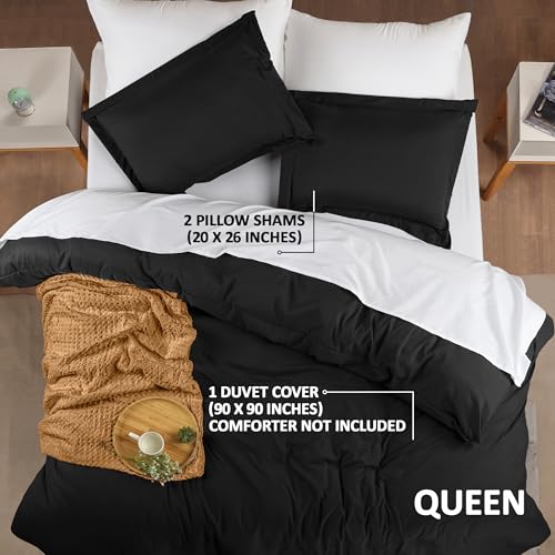 Duvet Cover Queen, 3 Piece Cotton Like Polyester With Zipper Closure, Black | Extra Soft and Breathable, Wrinkle & Fade Resistant, Includes Duvet Cover and 2 Pillow Shams, Comforter Not Included, OekoTex - color: Black, size: Queen - Duvet Cover Set