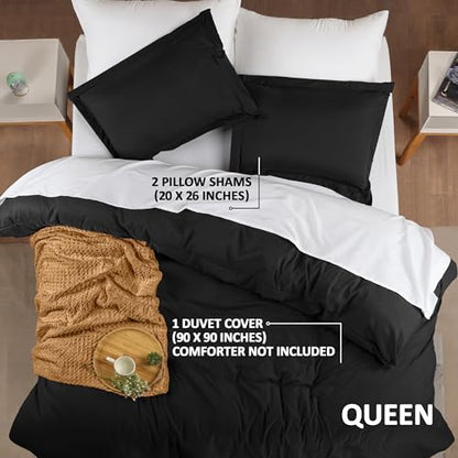 Duvet Cover Queen, 3 Piece Cotton Like Polyester With Zipper Closure, Black | Extra Soft and Breathable, Wrinkle & Fade Resistant, Includes Duvet Cover and 2 Pillow Shams, Comforter Not Included, OekoTex - color: Black, size: Queen - Duvet Cover Set
