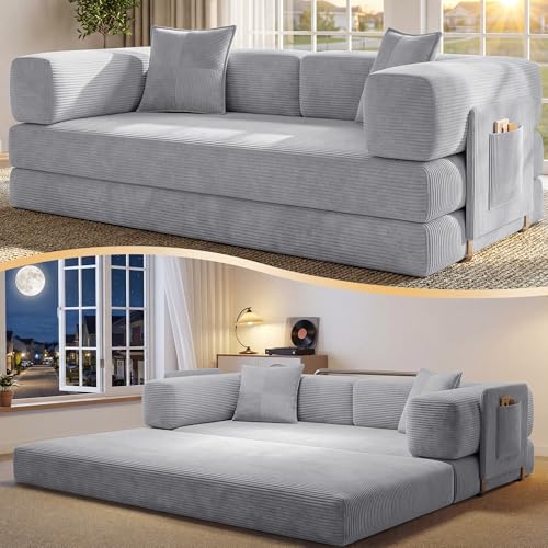 78.8" Convertible Futon Sofa Bed, Boneless Couch for Living Room | Corduroy Boneless Loveseat Sleeper Sofa, Modular Futon Couch with Storage Pocket, Pull Out Couch No Assembly | Grey - color: Grey