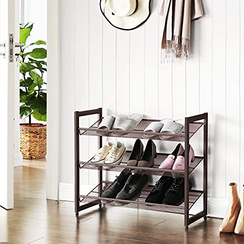 SONGMICS Shoe Rack, 3-Tier Shoe Organizer, Metal Shoe Storage for Garage, Stackable Shoe Shelf, with Adjustable Flat or Angled Shelves, 9-12 Pairs, Bronze ULMR03A - color: Bronze, size: 3 Tiers (29.1''W)