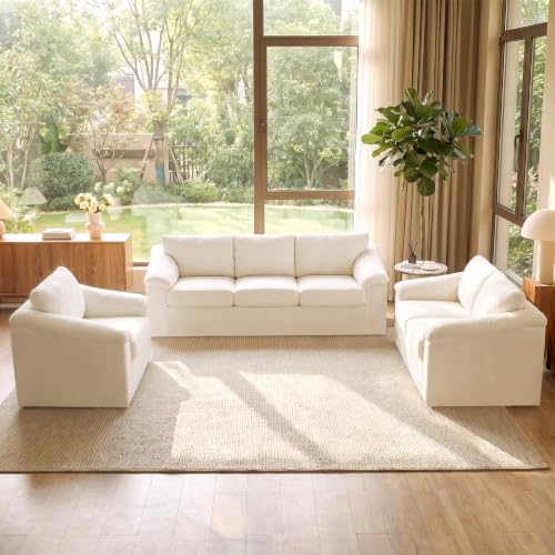 Oversized Boneless Couch Sets, Modern 3 Seater Sofa, Loveseat Sofa with Accent Sofa Chair, Floor Cloud Couch Sets with Extra Comfy Soft Deep Seats for Living Room, No Assemby, Set of 3, Beige - color: Beige, size: 1+2+3 Seater Sofa