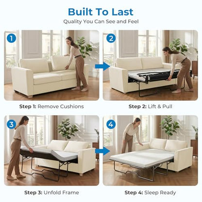 Full Size Pull Out Sleeper Sofa Bed 71" W with Memory Foam Pillows and Mattress, Convertible 2-in-1 Loveseat Sofa Sleeper Couch with Pullout Beds for Living Room Apartment Small Spaces, Beige