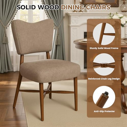 Farmhouse Dining Chairs Set of 2, Linen Seat, Wood Legs, Brown | Mid Century Modern, Upholstered Padded Cushion, Solid Wood Cross-Brace, Easy 15-Min Assembly, Kitchen Dining Room - color: Brown, size: Set of 2