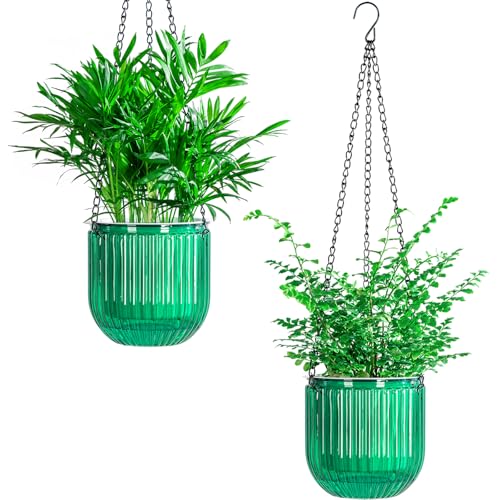 Josteve 5.2 Inch 2 Pcs Self Watering Hanging Planter Indoor Plant Pots Drainage Holes, Outdoor Small Hanging Planters Flower Pot Basket, Visible Water Level, Plant Hanger Home Decor, Gardening - color: Emerald, size: 2*5.2 inch
