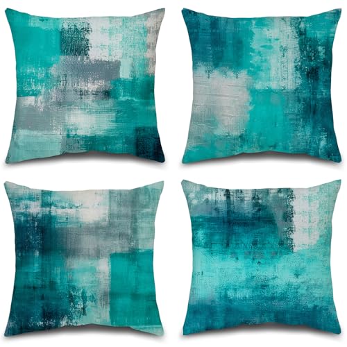 Teal Abstract Throw Pillow Covers 16x16 Set of 4 | Turquoise & Grey modern‑art cushion covers, aesthetic accent pillowcases for sofa, bedroom and chair - color: Teals & Turquoise, size: 16" x 16" (Pack of 4)