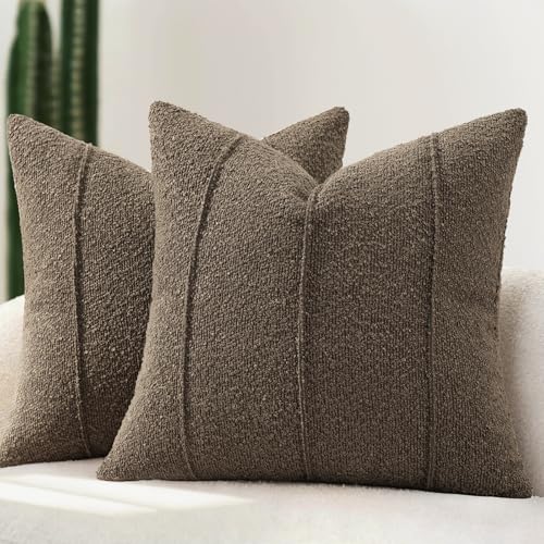 YCOLL Textured Boucle Throw Pillow Covers 24x24 Pack of 2 - Soft Neutral Striped Cushion Covers, Cozy Accent Decorative Pillow Covers for Couch, Sofa, Bed, Living Room (Brown) - color: Brown, size: 24" x 24" (Pack of 2)