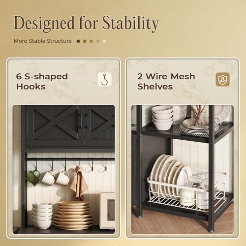 Huuger Large Bakers Rack with Power Outlet, Kitchen Microwave Stand with Cabinets, Coffee Bar Table Station with Storage, 6 S-Shaped Hooks, Mesh Shelves, 45 Inch Wooden Top, Black - color: Black