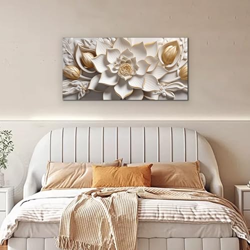 SSNEEKNDG Flower Wall Art White and Gold Botanical Canvas Artwork 20"x40" | Modern Artwork,Minimalist,Canvas Prints,For Living Room Bedroom Kitchen Office - size: 20"L x 40"W