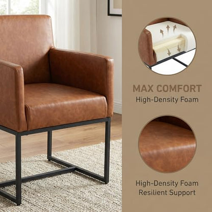 Faux Leather Upholstered Dining Chairs with Arms Set of 2, Mid Century Modern Padded Kitchen Chair with Black Metal Frame for Restaurant, Dining Room, Brown - color: Brown