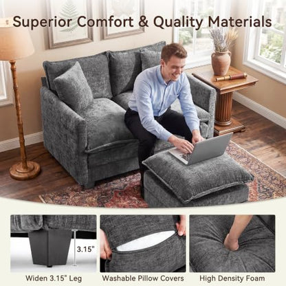 50" Loveseat Sofa with Ottoman, Cloud 2-Layer Cushion & 27" Deep Seat, Modern Love Seat Small Couch with 2 Washable Pillows for Small Spaces, Bedroom, Apartment, Office, Living Room, in a Box, Grey - color: Grey, size: Loveseat with Ottoman