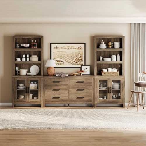 WAMPAT Farmhouse Entertainment Center with Bookshelves, TV Stand Set with Glass Doors & 6 Drawers, Wood Media Console for Living Room, Bedroom, Brown - color: Brown