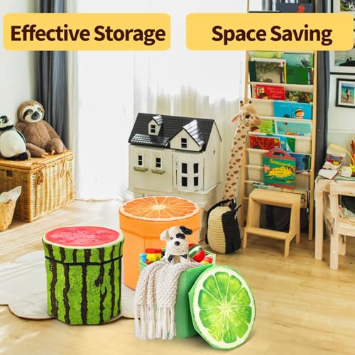 Covzoe 3 Pack Fruit Storage Stool, 12 x 12 Inch Folding Stool Ottoman | Collapsible Storage Seat Chest with Foam Cushion, Creative Organizer Stools Box for Patio Foot Rest