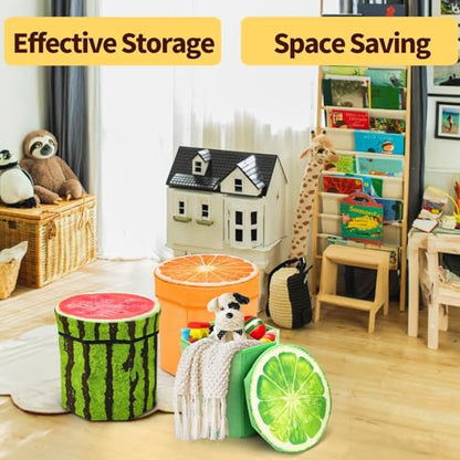 Covzoe 3 Pack Fruit Storage Stool, 12 x 12 Inch Folding Stool Ottoman | Collapsible Storage Seat Chest with Foam Cushion, Creative Organizer Stools Box for Patio Foot Rest