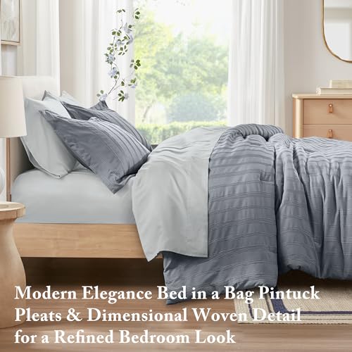 Madison Park Essentials Striped Comforter Set Queen, 7 Pieces Modern Minimalist Jacquard Bedding Set for All Season, Bed in A Bag with Sheet Set and Soft Brushed Reverse, Lightweight Blue/Grey - color: Blue/Grey, size: Queen