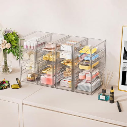 YFXCVSL 6-Pack Acrylic 31-Drawer Storage & Makeup Organizer for Desk | Smooth-glide drawers, clear acrylic, stackable, dustproof, wipe-clean, for makeup palettes, lipsticks, blushes, cotton pads - size: 31 Drawers