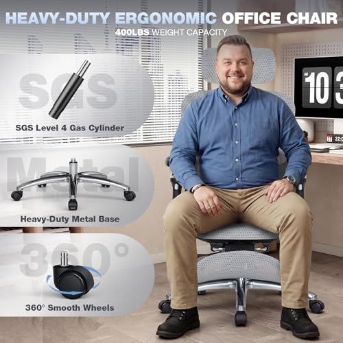 MALOL Ergonomic Office Chair, 400lbs High Back Mesh Desk Chair with 6D Armrests, 3D Headrest, Adjustable Lumbar Support, Seat Depth Adjustment, Tilt Lock, Metal Base & PU Wheels, Grey - color: Grey