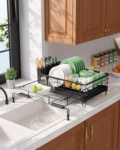 Kitsure Adjustable Dish Drying Rack, 15.6''-25.2''L × 16.9''W, Black | Large Dish Drying Rack, Rust-Resistant Dish Racks for Kitchen Counter, With Adjustable Support Legs, Cutlery Holder - color: Black