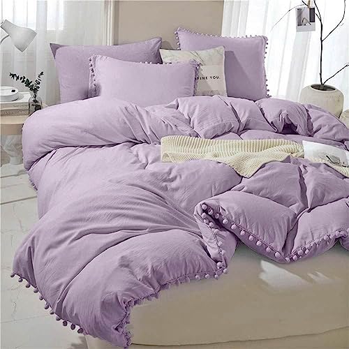 ETDIFFE Lavender Boho Duvet Cover Set Full Size, 3 Piece, 80x90 Inch | Bohemian Purple Pompom Microfiber Bed Comforter Cover Set, Farmhouse Soft & Lightweight Bedding Quilt Cover - color: Lavender, size: Full (No Comforter)