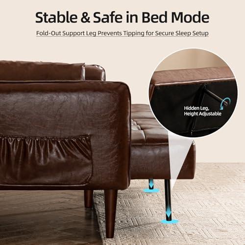 HALLYBEE 85" Futon Faux Leather Couch with Adjustable Armrests Red Brown | Futon Sofa Bed, Sleeper Sofa, Small Couch with Pillows, Side Pockets, Mid Century Modern, Living Room, Bedroom, Apartment - color: Red Brown