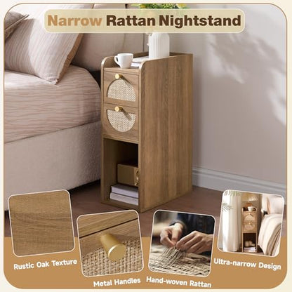 Narrow Nightstand Set of 2 (Rattan & Wood) - Small Bedside Table with 2 Drawers, Open Shelf, Mid Century Modern End Table - for Bedroom, Living Room & Small Spaces, Rustic Oak Rattan - color: Rustic Oak Rattan, size: 7.9"W (2 Pc)