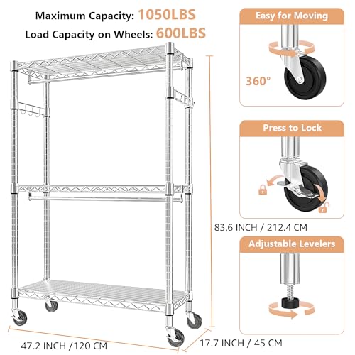 M MZG Heavy Duty Rolling Garment Rack 3 Tiers Adjustable Wire Shelving Clothes Rack with 2 Rods and Side Hooks, Storage Closet Clothing Rack with Wheels Chrome 17.7" D x 47.2" W x 83.6" H - color: Chrome, size: 3 Tiers with 2 rods, 17.7"D x 47.2"W x 83.6"