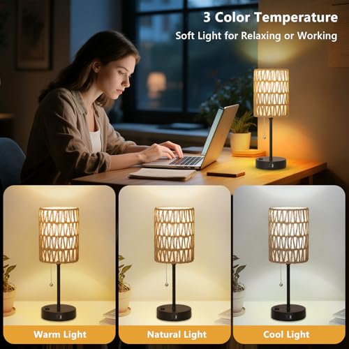 Rattan Bedside Table Lamps Set of 2 - Boho Lamps With 3 Color Temperatures & USB AC Port, Pull Chain Table Lamp For Bedroom, Cute Small Lamp For Nightstand Office Desk Bed Side End Table Living Room - color: Black-2pack-pullchain
