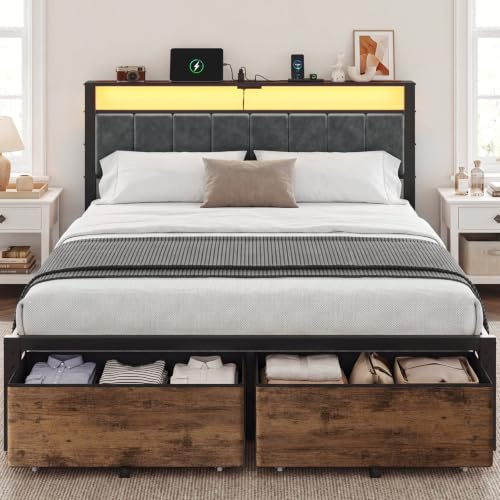 Queen Size Bed Frame with Upholstered Headboard and 2 Storage Drawers | Metal Platform Bed, LED Lights, USB Charging Station, Noise Free, No Box Spring Needed, Easy Assembly - size: Queen