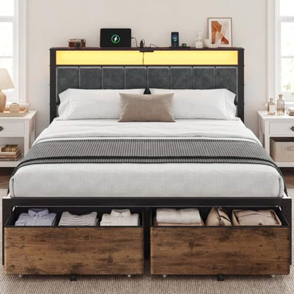 Queen Size Bed Frame with Upholstered Headboard and 2 Storage Drawers | Metal Platform Bed, LED Lights, USB Charging Station, Noise Free, No Box Spring Needed, Easy Assembly - size: Queen