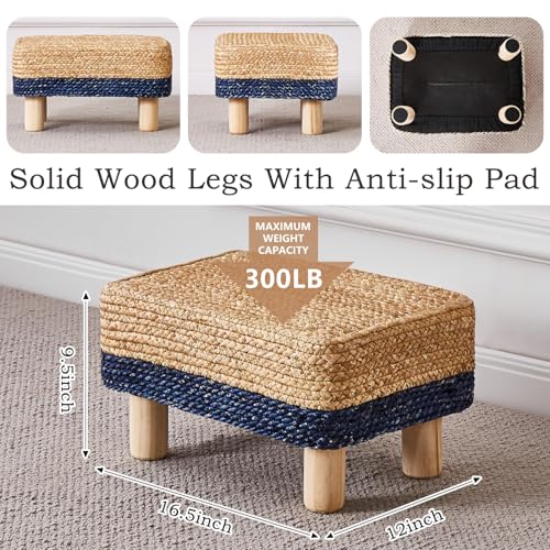 Wimarsbon Natural Seagrass Footstool Ottoman Rectangular Footrest Pouf Ottomans with Wooden Legs Hand Weave Step Stool for Living Room Bedroom Entryway Blue - color: Blue, size: 12"D x 16.5"W x 9.5"H