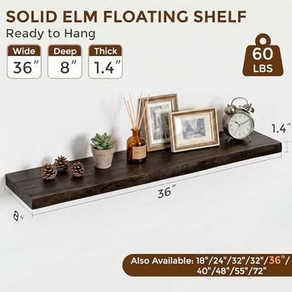Dreamland 36 Inch Long Floating Shelves Set of 2, Rustic Solid Elm Wood Live Edge Floating Shelf Wall Mounted, 8 Inch Deep Wooden Wall Shelves for Living Room, Bedroom, Bathroom, Kitchen, Walnut - color: Walnut, size: Live Edge - 36"L