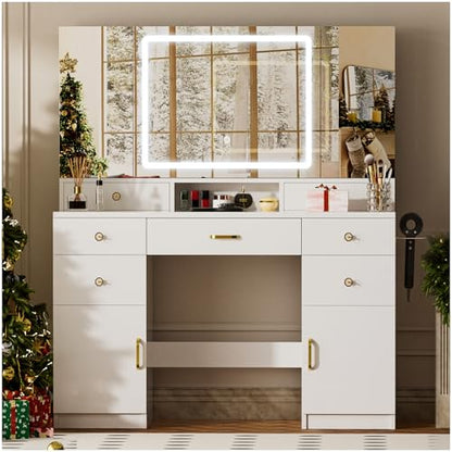 COMHOMA Vanity Desk with 3 Way Mirror and Lights, Large Makeup Vanity Table Set with Charging Station, 3 Lighting Modes & 360° View Mirror, 7 Drawers Dressing Table for Women Girls Bedroom, White - size: 7 Drawers