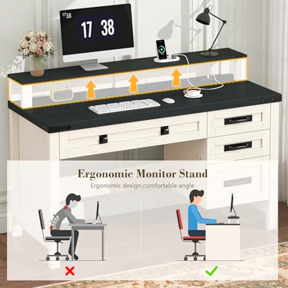 47" Farmhouse Computer Desk with Drawers & Outlets for Home Office, Bedroom | Executive Desk with Power Outlets, Home Office Desk with Monitor Stand, Small Desk Writing Study Table, Black and White - color: Black and White