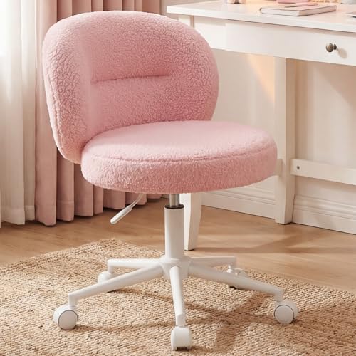 Homkdom Round Vanity Chair with Silent Wheels, 17.32" Wide Seat | Height Adjustable, 360 Swivel & Smooth Rolling, Armless Design for Makeup and Study - Pink - color: Pink