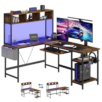 DUMOS 67" L Shaped Gaming Desk, Reversible Computer Desks with LED Lighting, Corner Desk for Compact Spaces with Keyboard Tray & Storage Shelf, Metal Frame PC Gaming Table for Home Office,Rustic Brown