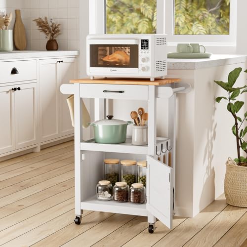 VINGLI Small Kitchen Island on Wheels, Microwave Cart with Drawer & Storage, Barn Door Coffee Station Stand with Hooks & Shelves, Unique White - size: 33"