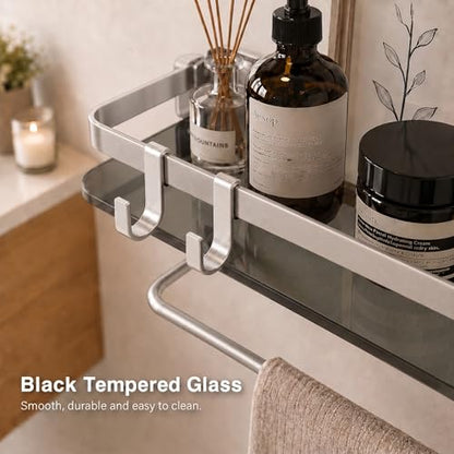 Glass Shelf for Bathroom 15.7 in Bathroom Shelves with Towel Bar Tempered Glass Shelves with 4 Removable Hooks for Wall（2 Tier） - color: Silver