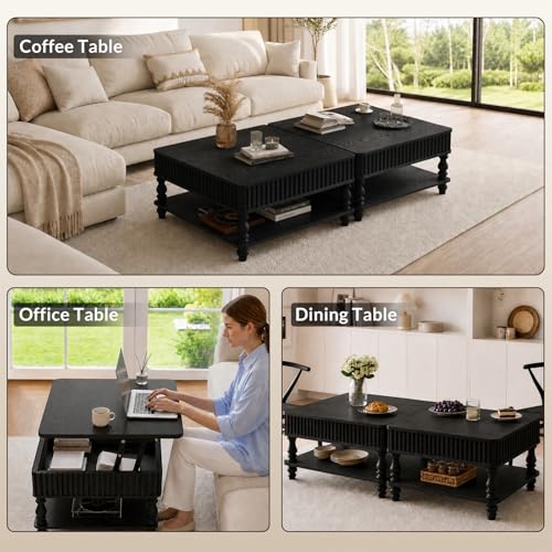 Quick Assemble Rectangular Lift Top Coffee Table with Large Storage | Black mid-century aesthetic, sturdy Solid Wood Roman legs, fluted side trim,Compact 31.5" x 31.5" x 18.11" - color: Black