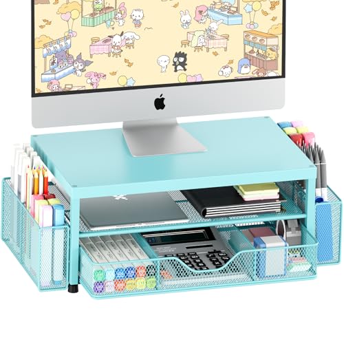 Desk Organizer and Accessories, 2-Tier Computer Monitor Stand Riser with Drawer and 2 Pen Holders, Laptop Stand, Office Desk Accessories for Office Supplies, 1 Pack, Teal Blue - color: Teal Blue, size: 2-Tier