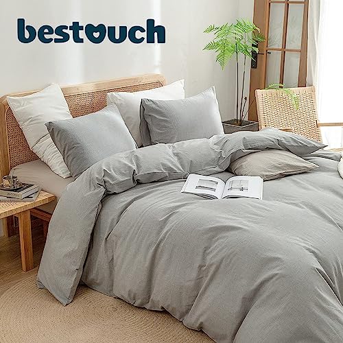 BESTOUCH Cotton Solid Duvet Cover Set Linen Feel Light Grey King | 100% Washed Cotton, Soft Wrinkle Texture, Hidden Zipper, 8 Ties, Breathable Lightweight Durable Comfy, 3 Pcs No Insert - color: Light Grey (No Comforter), size: King (104" X 90")