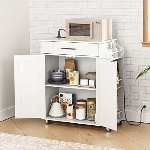 HOOBRO Kitchen Island with Power Outlet, Kitchen Storage Island with Spice Rack and Drawer, Rolling Kitchen Cart on Wheels, for Home, Kitchen and Dining Room, White WT82UZD01G1 - color: White