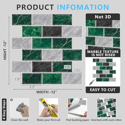 URCOLOR 10-Sheet Peel and Stick Backsplash Tile for Kitchen,12"x12" Self Adhesive Wall Tiles Stick on Back Splashes for Bathroom Green Marble Look - color: Green