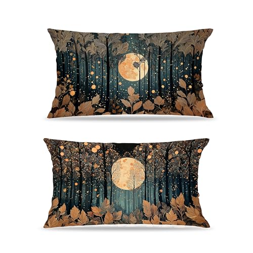 William Morris Inspired Gold Moonlight Forest Throw Pillow Cover 12x20 Set of 2, Vintage Black and Gold Nature Landscape Decorative Lumbar Pillow Cover Case for Home Living Room Bedroom - color: Forest Moon and Starsl-13
