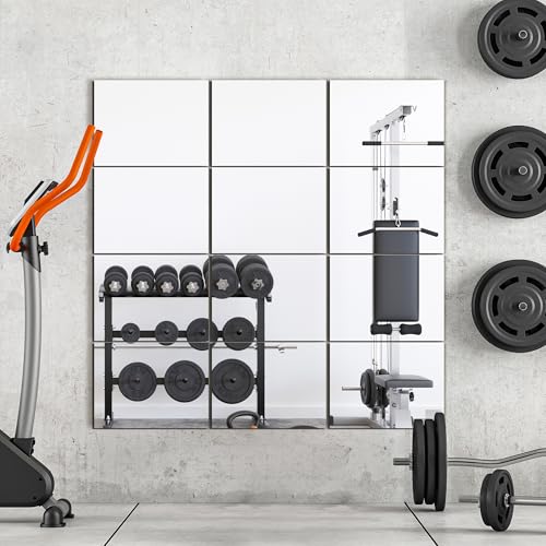 Wall Mirror Tiles, 16"x12"x12PCS Full Length Home Gym Mirror | HD Tempered Glass, Frameless Workout Mirror for Garage, Bedroom, Living Room, Over The Door - size: 16"x12"x12PCS