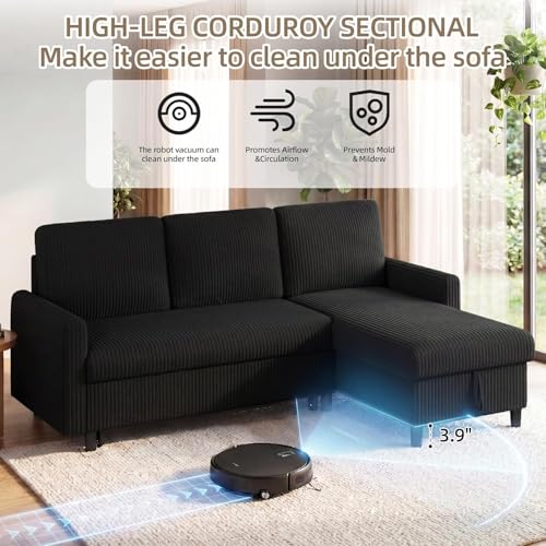 77" Pull Out Sleeper Sofa Bed with Storage Chaise, L-Shaped Corduroy Sectional Couch, 3-Seater Convertible Sofa Bed for Small Space, Apartment & Guest Room, Pet-Friendly & Easy Assembly, Black