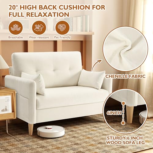 Urhanherry 47" Small Sofa Couch, Soft Chenille loveseat Mini Couch with Throw Pillow and Removable Cushion Cover for Small Spaces, Bedroom, Apartment, Dorm, Office, Living Room(Beige) - color: Beige