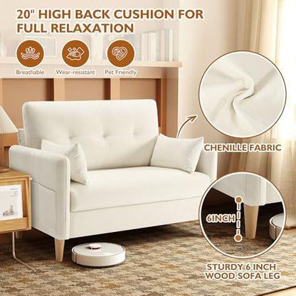 Urhanherry 47" Small Sofa Couch, Soft Chenille loveseat Mini Couch with Throw Pillow and Removable Cushion Cover for Small Spaces, Bedroom, Apartment, Dorm, Office, Living Room(Beige) - color: Beige