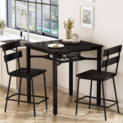 Hooseng 3 Piece Bar Table and Chairs Set, Counter Height Small Dining Table with 2 Bar Stools, Farmhouse Square Kitchen Table with Storage for Bistro, Pub, Small Space - color: Black