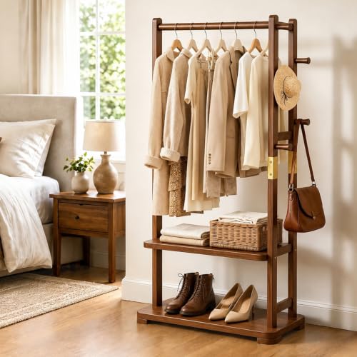 Coat Rack Solid Wood Hall Tree Storage 2 Shelves 5 Hooks | Entryway hallway bedroom, durable solid wood construction, freestanding storage design, coats hats bags wallets - size: Walnut - L:26''D x 14.2 ''Wx 64.6 ''H(No Wheels)
